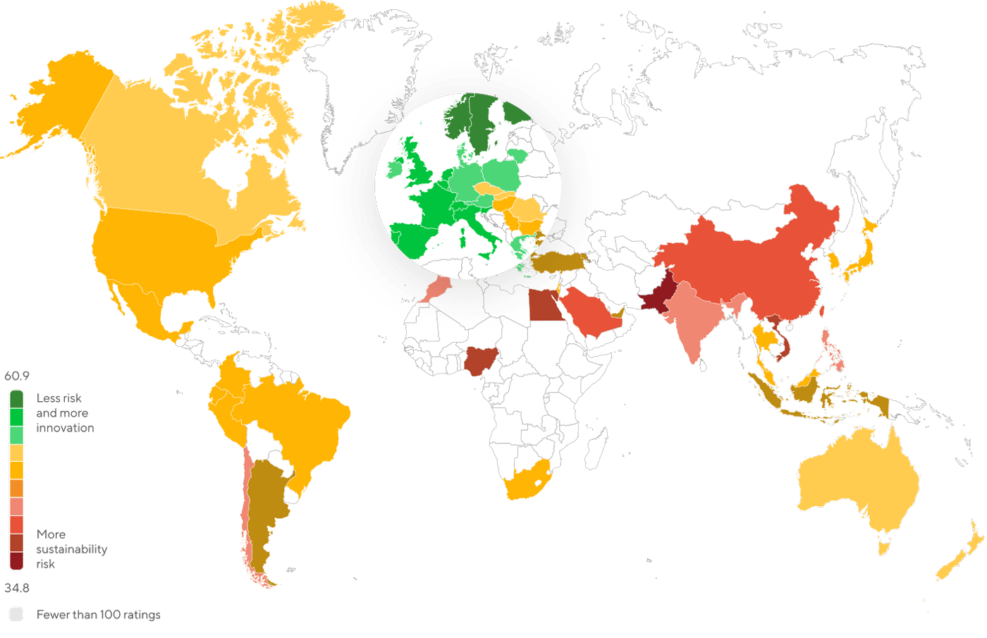 Relative sustainability performance for all companies in the EcoVadis network showing countries with more than 100 ratings in 2023